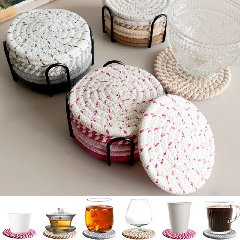 

4/8pcs Modern Minimalist Insulated Table Mat Anti Slip and Absorbent Polyester Woven Coaster Set with Bracket Tea Cup Coaster