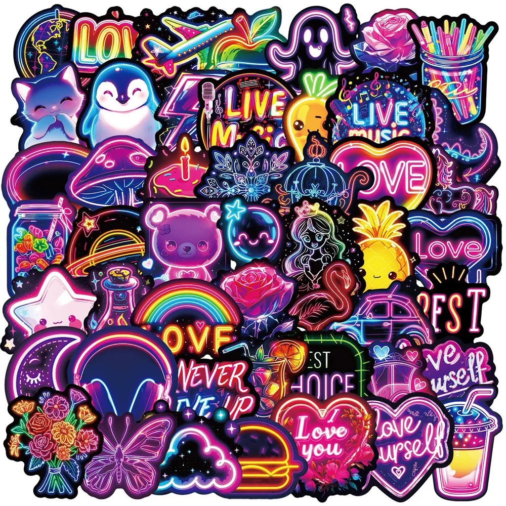 

100 Neon Hand-Drawn Waterproof Stickers - Cool Dark Purple Personalized Decorative Stickers for Scrapbooking and Bullet Journals