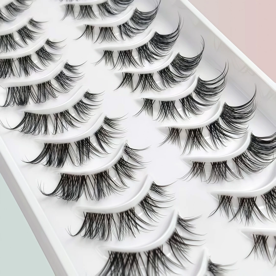 Fox Style Slanted Wing Full Strip False Eyelashes Clear Band Dense Curly Outer Corner Lengthened Mixed Race Light European Ameri