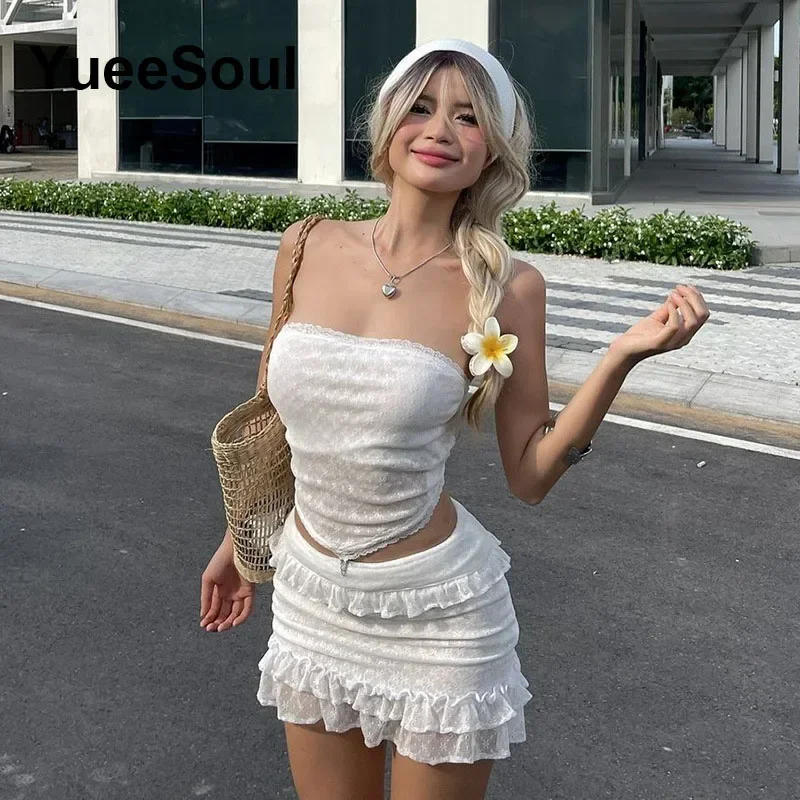 Y2K Dress Sets 2 Pieces Crop Tops and Mini Skirt 90s Egirl Outfits 2024 New Sweet Cute High Street Casual Party Women's Suit