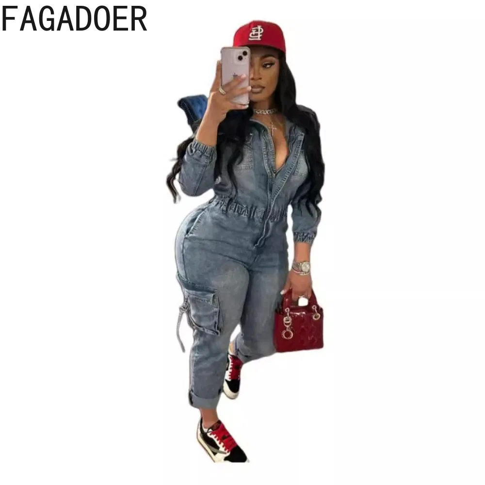 FAGADOER Cargo Pockets Patchwork Denim Jumpsuit Women Y2k Streetwear Stretchy High Quality Jean Overalls Autumn Winter Fashion