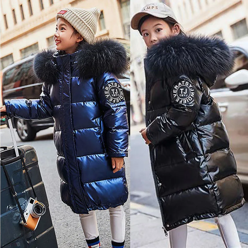 -30℃ Teen Girls Jacket Winter Long Solid Color Glossy Waterproof Thick Warm Hooded Parkas For 5-14Y Kids Fur Collar Cotton Coats