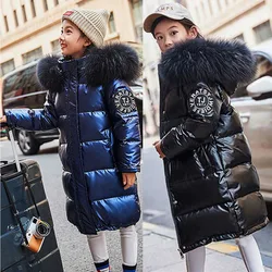 -30 ℃ Teen Girls Jacket inverno lungo tinta unita lucido impermeabile spesso caldo parka con cappuccio per bambini 5-14Y collo di pelliccia cappotti di cotone