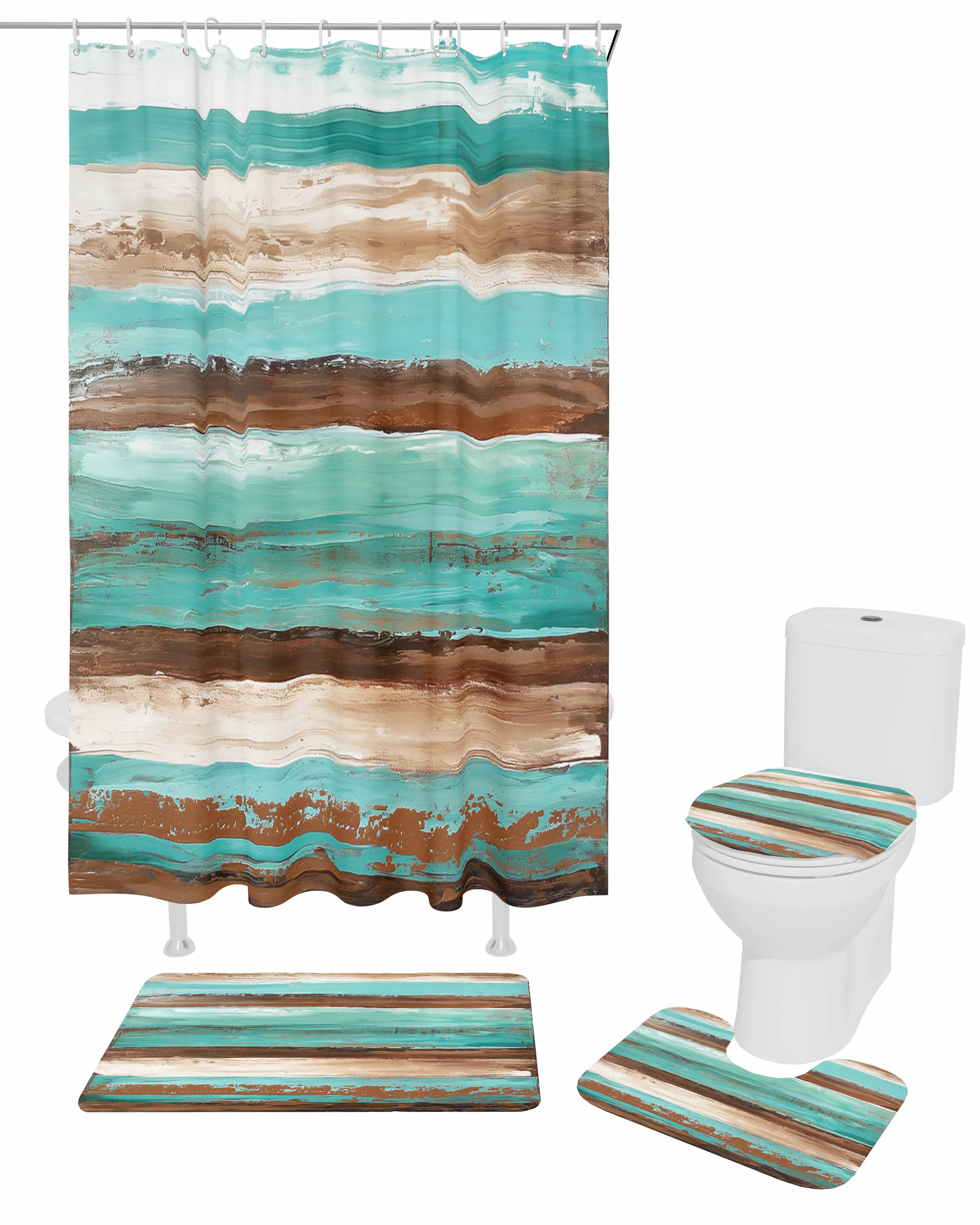 Turquoise Gradient Polyester printed shower curtain bathroom set,luxurious curtainsabstract 4-piece setcoral fleece floor mat