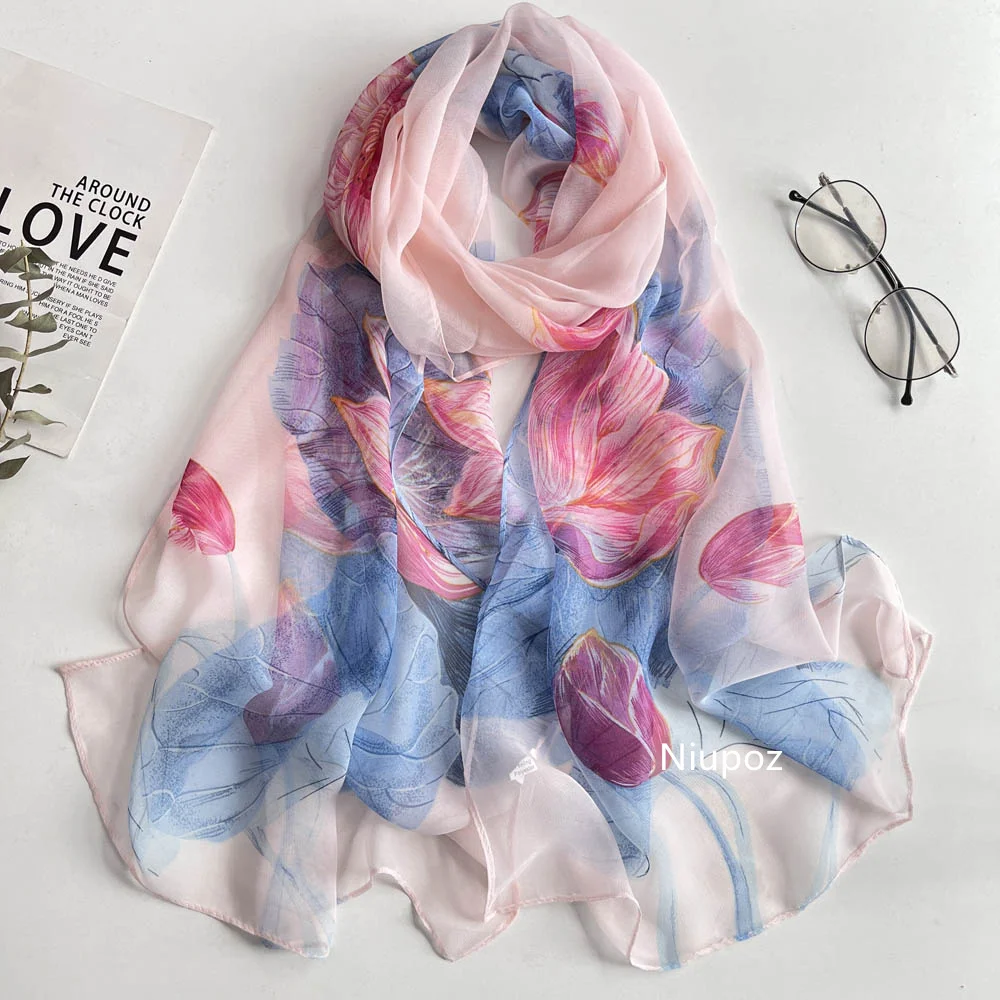 Gradient Lotus Print Scarf Pretty Women Elegant Chiffon Georgette Bandana Scarf Summer Beach Sunscreen 50*160cm