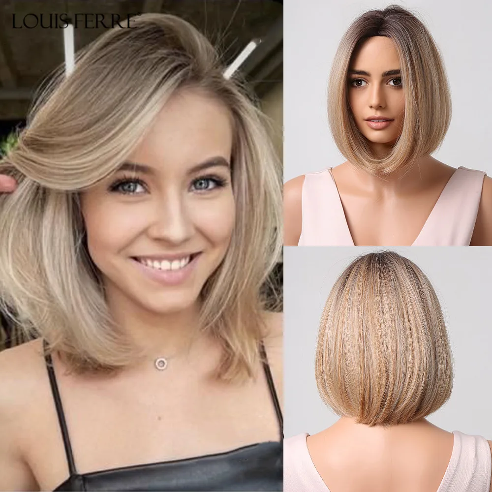 LOUIS FERRE Ombre Blonde Short Bob Synthetic Wigs Medium Length Blonde Straight Wig for Women Fluffy Daily High Temperature Hair