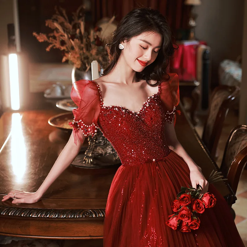 Luxurious Sequin Pearl Evening Dress Red Sexy V-Neck Princess Puff Short Sleeves Floor-Length Tulle A-line Prom Dresses