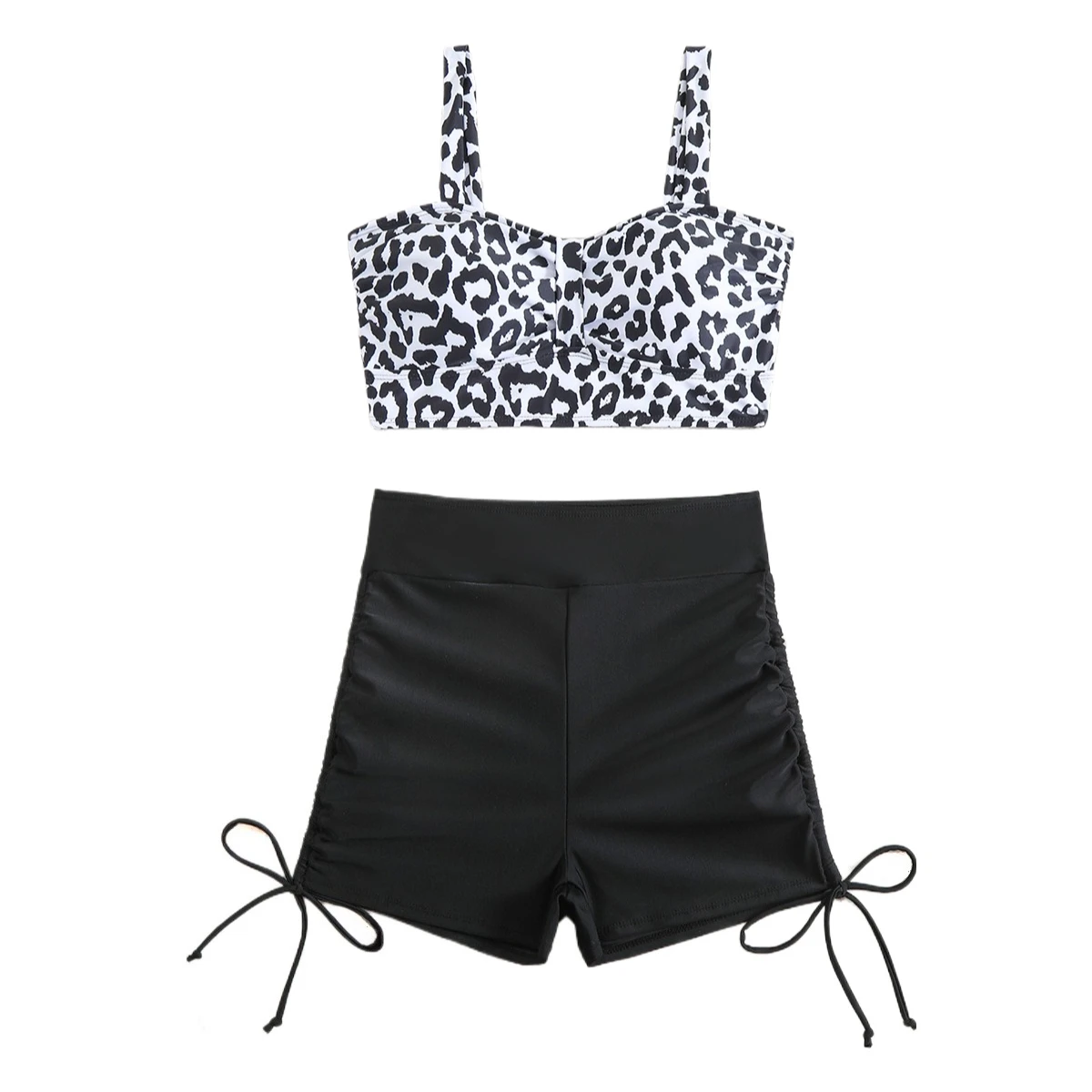 New Leopard Print Sports Two Piece Bikini Set Crop Tank Top High Waisted Drawstring Shorts Swimwear