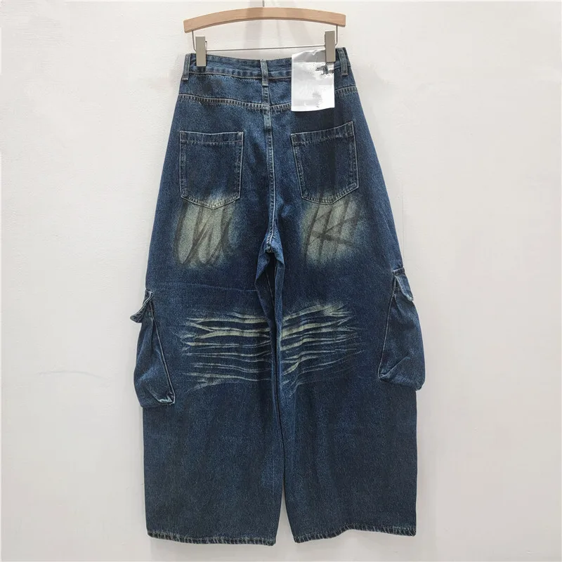 WTHT جديد عصري المرأة تفعل القديمة غسل جيوب كبيرة البضائع الجينز 2025 الشتاء موضة عالية الخصر واسعة الساق الدنيم السراويل الإناث 1LS2679