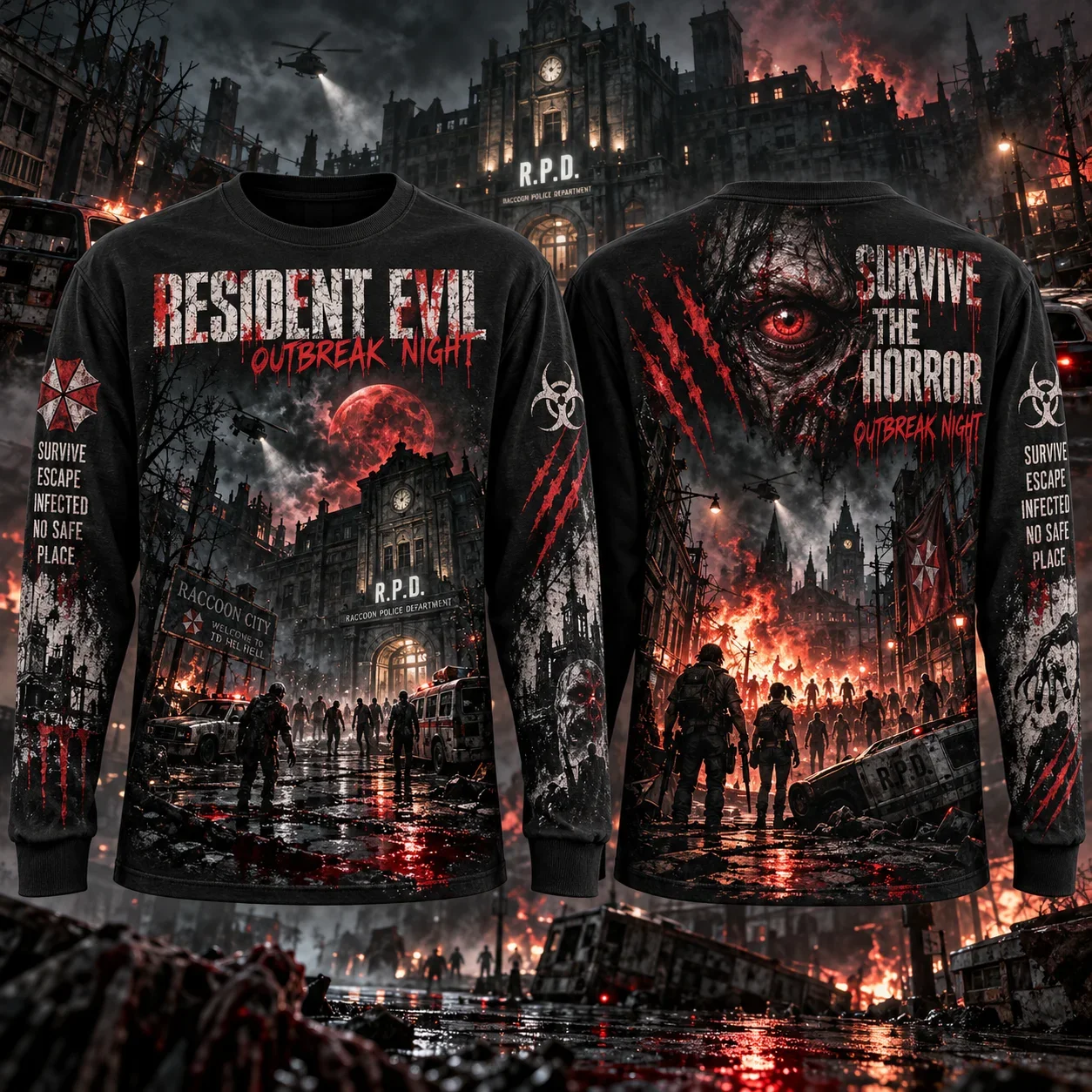 T-shirt à manches longues Resident Evil, Survivez l'épidémie, Zombie, jeu d'horreur, imprimé intégral, pour hommes et femmes, hauts de streetwear d'Halloween