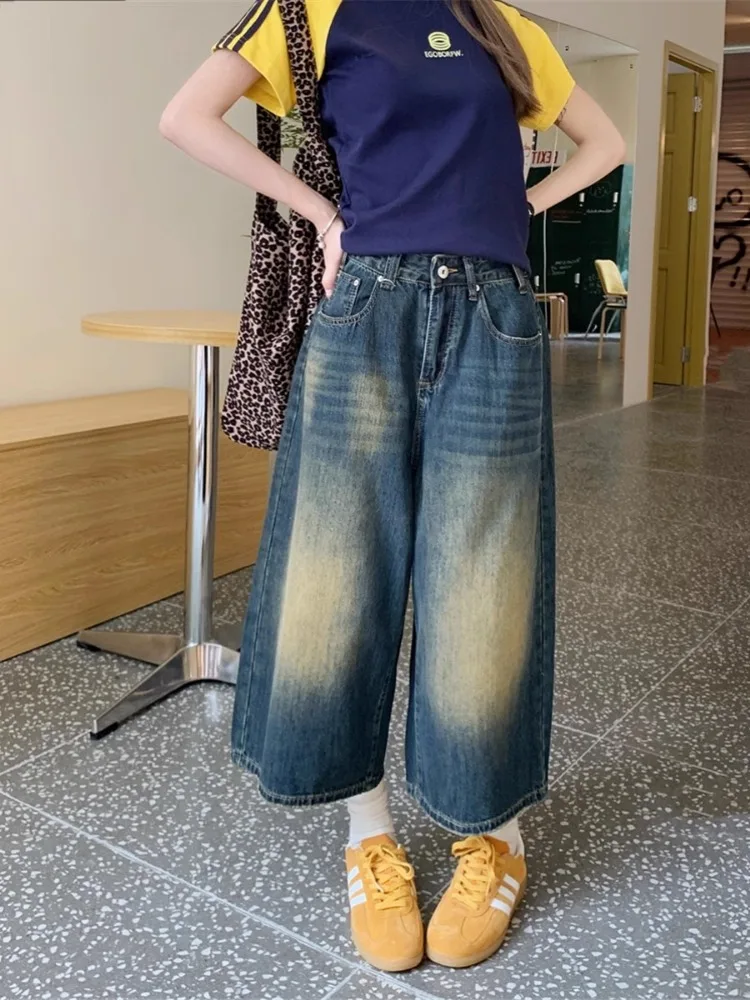 ريترو الأزرق واسعة جينز قصير المرأة فضفاض Y2k السراويل عادية خمر الشارع الشهير Harajuku الكورية نمط الدنيم السراويل الأساسية الصيف 2024