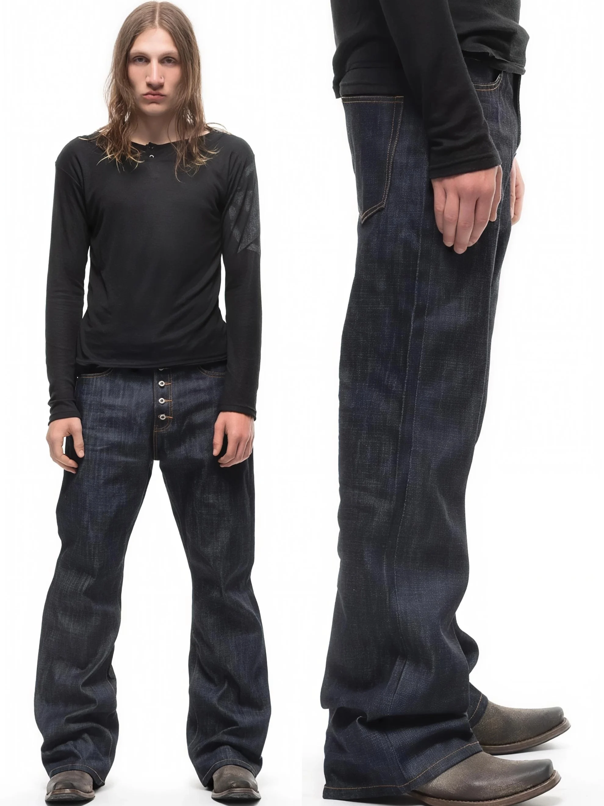 No Faith Studios Bootcut Flare Straight Leg Japanese  Denim Original Beefsteak Button Red  Men's Jeans Cotton 100%