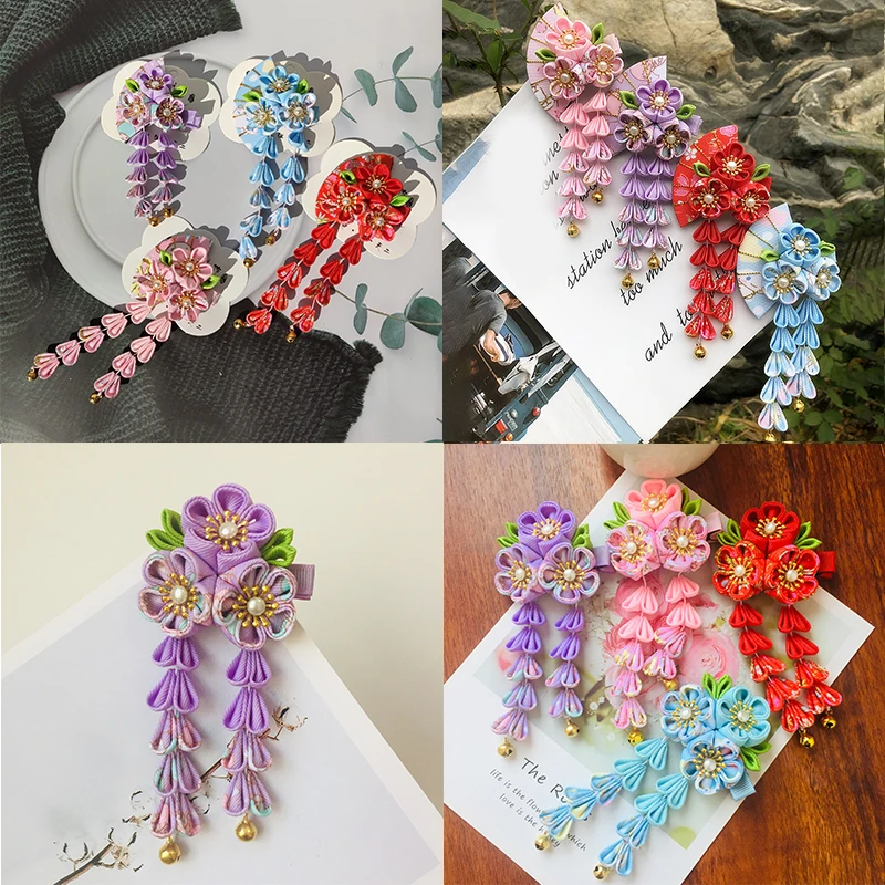 Japanese Kimono Fabric Flower Folding Fan Children Hair Accessories Clip Tassel Headwear Headdress Barrette