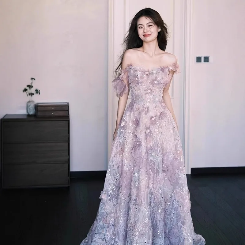 

Фиолетовое свадебное платье Dr Morning Robe Engagement Par Fem Bride Потрясающее вечернее платье с высокой талией Другая ткань