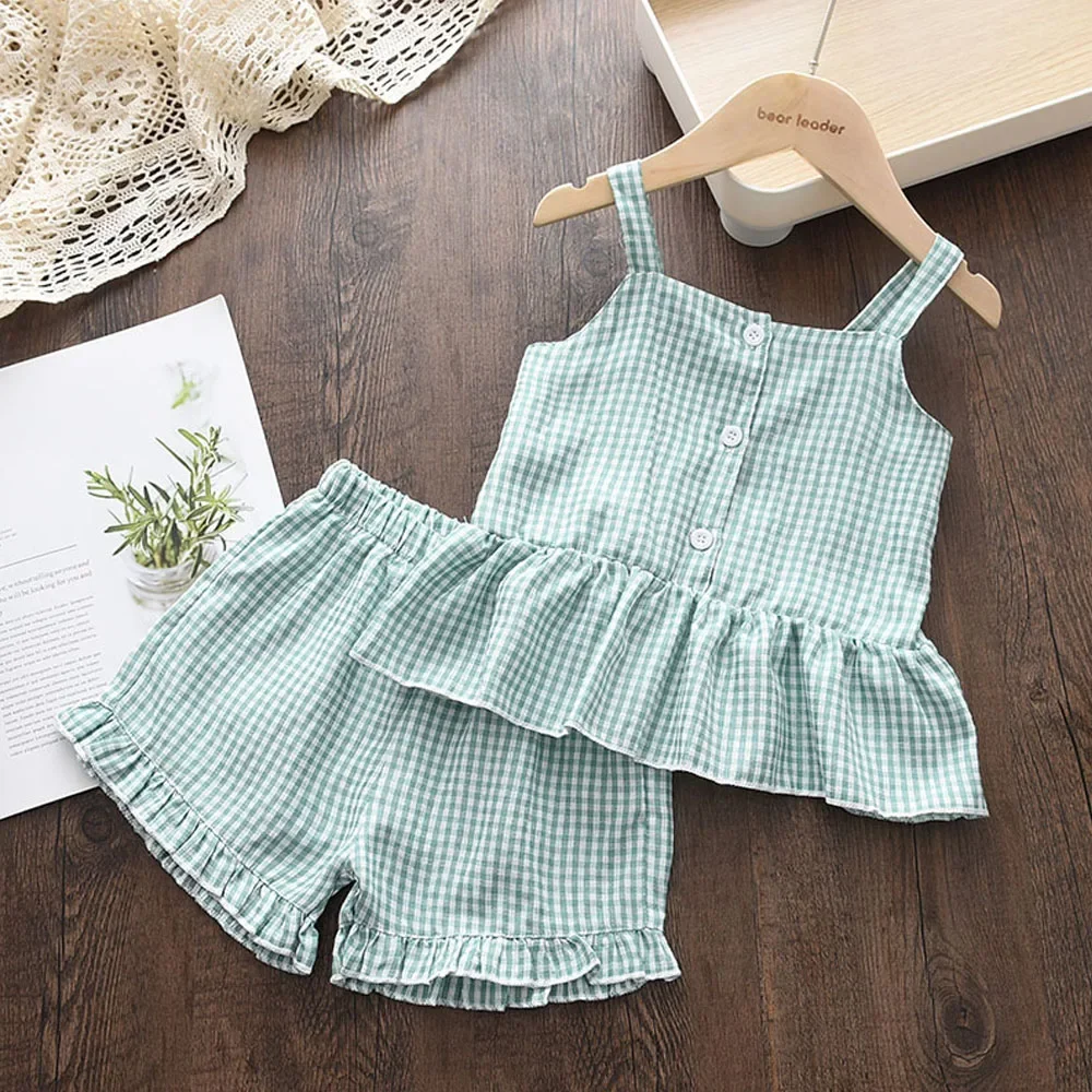 Bear Leader Girls Clothing Sets 2023 Summer Kids Clothes Floral Chiffon Halter+Embroidered Shorts Straw Children Clothing