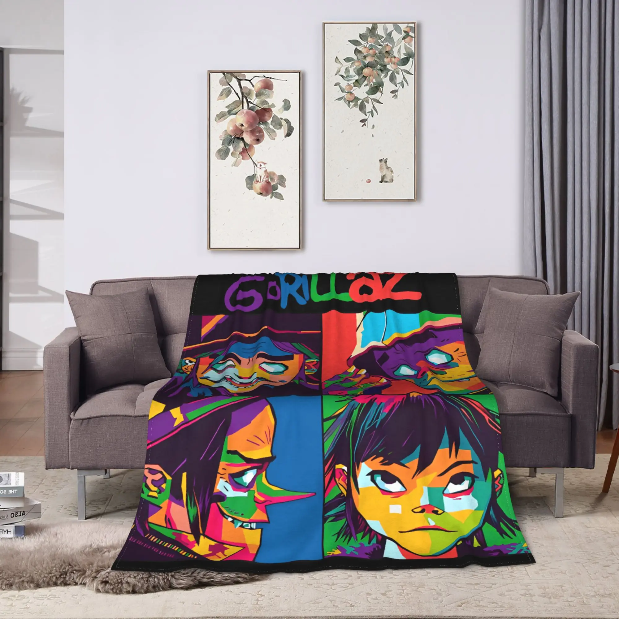 Warm Blanket Travel Music Band Gorillaz Throw Blanket  Flannel Bedspread For Couch Chair Sofa Bed Funny Sofa Bed Cover