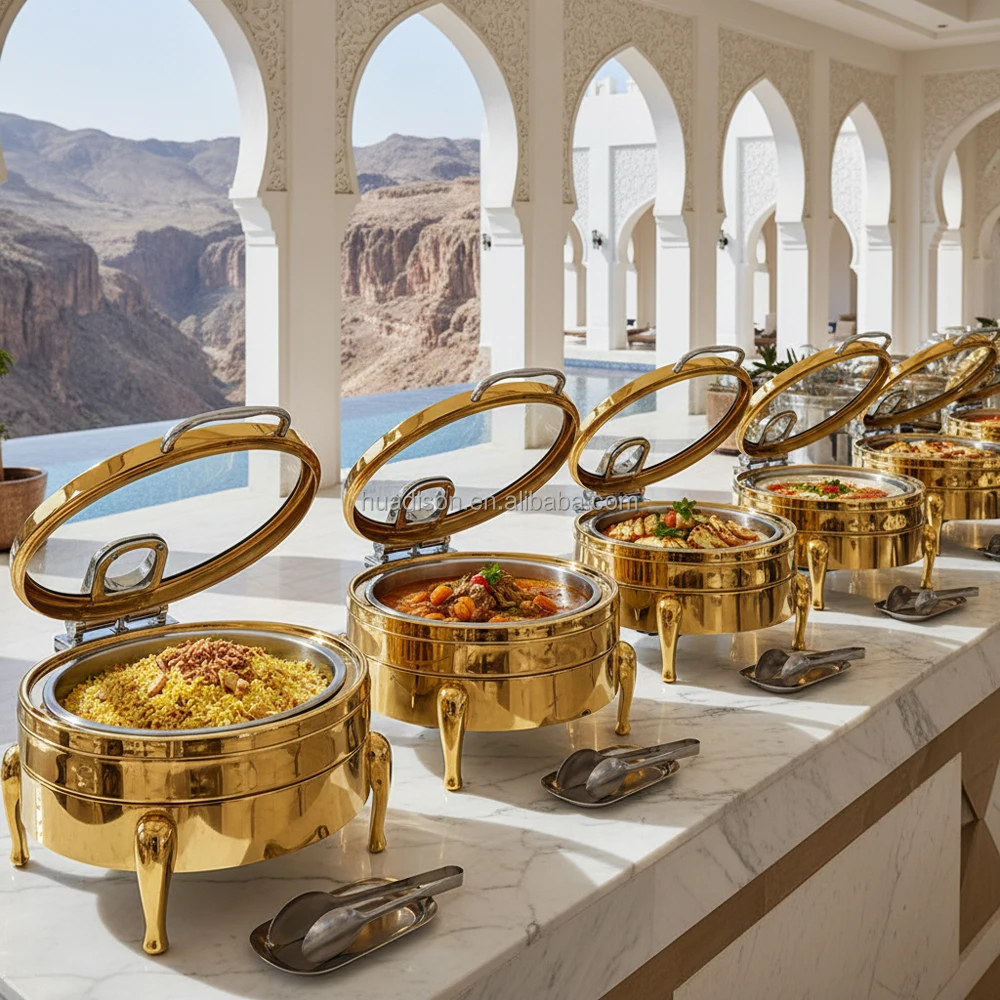 Huadison Restaurant Equipment Chaffing Dish Round Gold Buffet Food Warmer Stainless Steel Chafing Dishes For Catering
