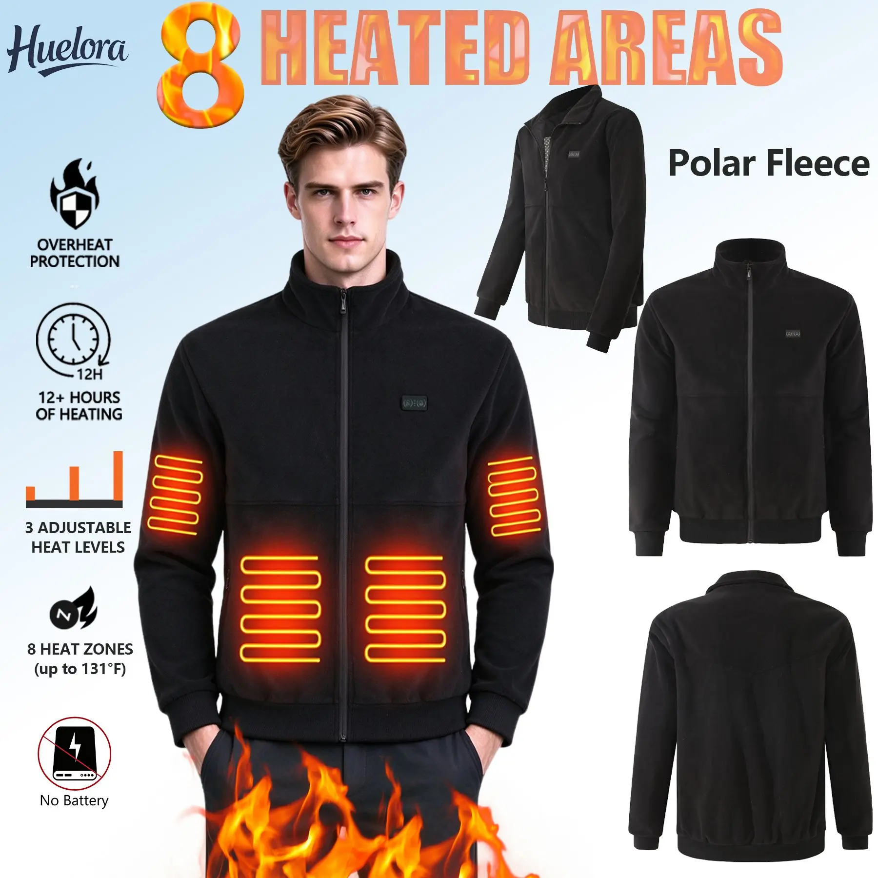 Huelora Unisex Polar Fleece Heated Jacket 8 Heating Zones 3 Heat Levels Machine Washable Winter Warm Outdoor Thermal Coat