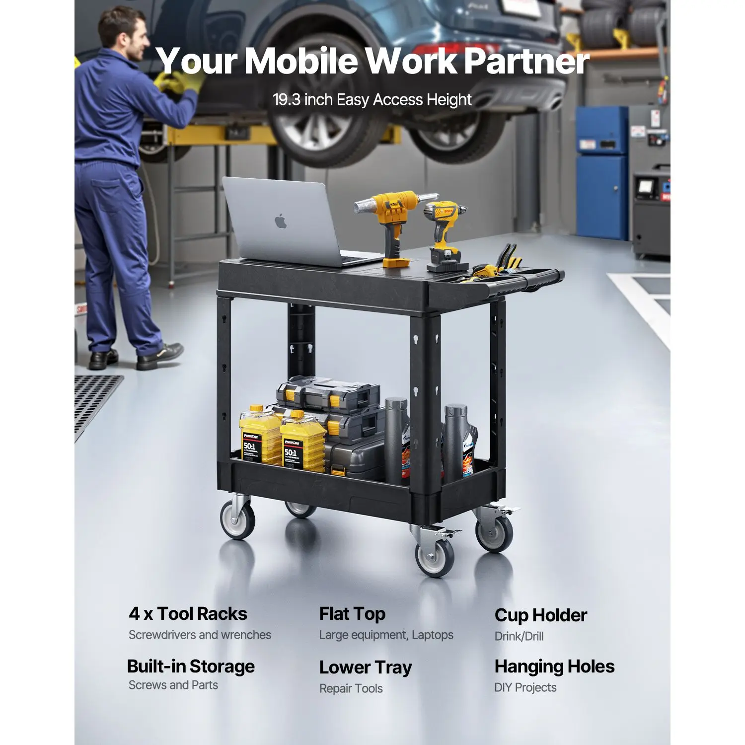Utility Cart, 550 Lbs Load Capacity, 31.3 X 17.7-Inch Service Cart, Two-Shelf Heavy Duty Plastic Utility Cart with 360 Degrees