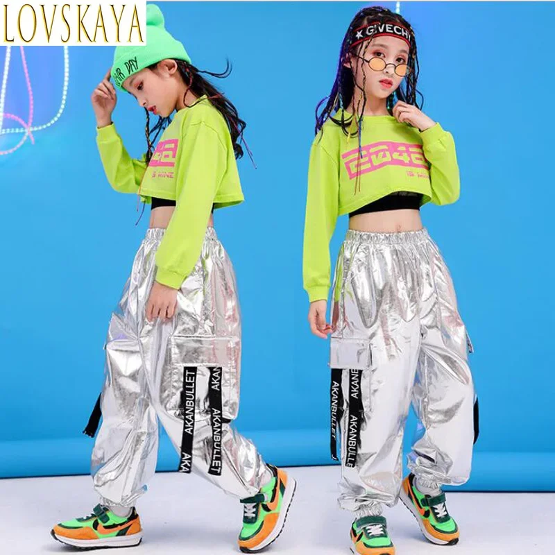 

Children Hip Hop Clothing Green Sweatshirt Top Crop Casual Pants Girl Kids Jazz Dance Wear Costume Ballroom Dancing Clothes