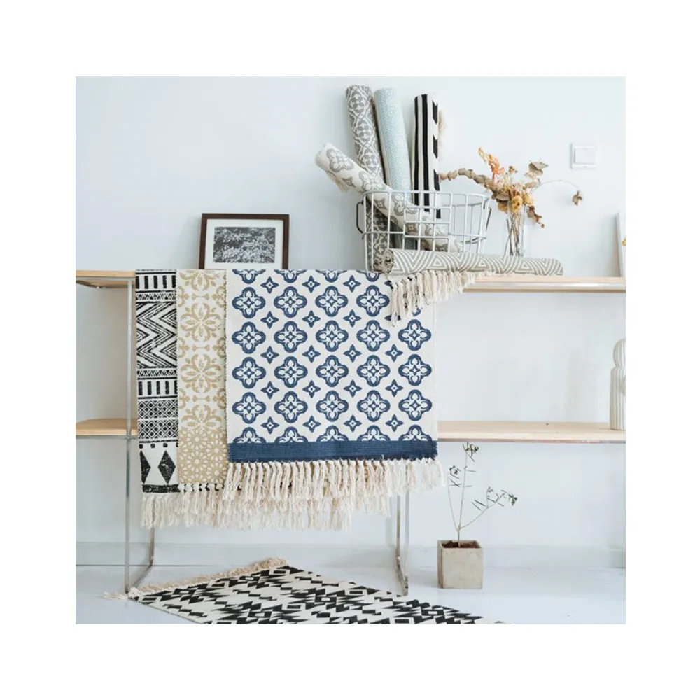 Nordic Cotton Linen Bedside Carpet Geometric Woven Mat Bathroom Living Room Carpets Hand Made Indian Rug Bohemia Printing Mat view 6