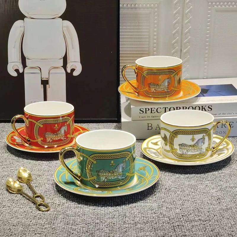 Coffee Cup With Saucer Golden Spoon Ceramic Material Delicate Handle Hand Painted Design Gorgeous Style Present Available 2 Sets