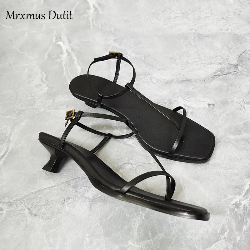 Mrxmus Dutit2024 New Spring Summer Women Genuine Leather T-strap Sandals Mid Heel Sandals Solid Casual Elegant Shoes Female Chic