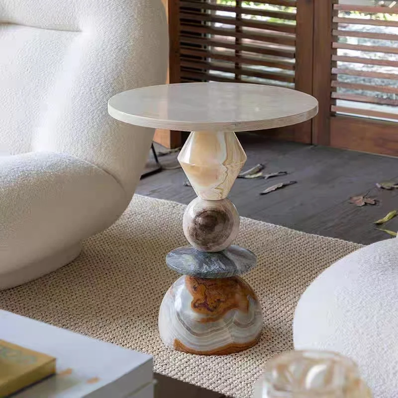 Marble Round Art Side Table American Country Retro Creative Jade Stone Balcony Small Coffee Table Hole Stone Corner Table image 2