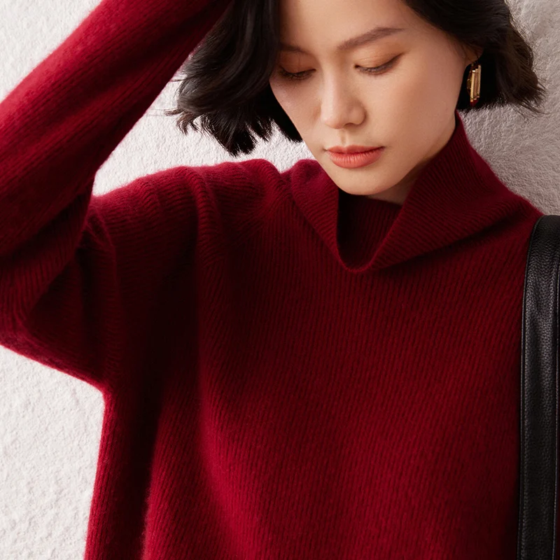 

Autumn And Winter High Neck French Style Knitted Women's Pullover Wool Cashmere Sweater Long Sleeved Loose Solid Color Sweater