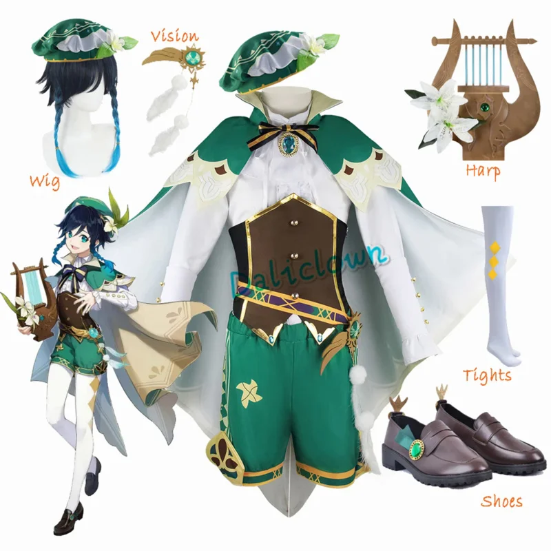 Genshin Impact Cosplay Fato para Meninas, Peruca e Sapatos, Mondstadt Wind God Wendi Uniforme do Jogo, Roupa Archon, Acessórios, 20 Vestido