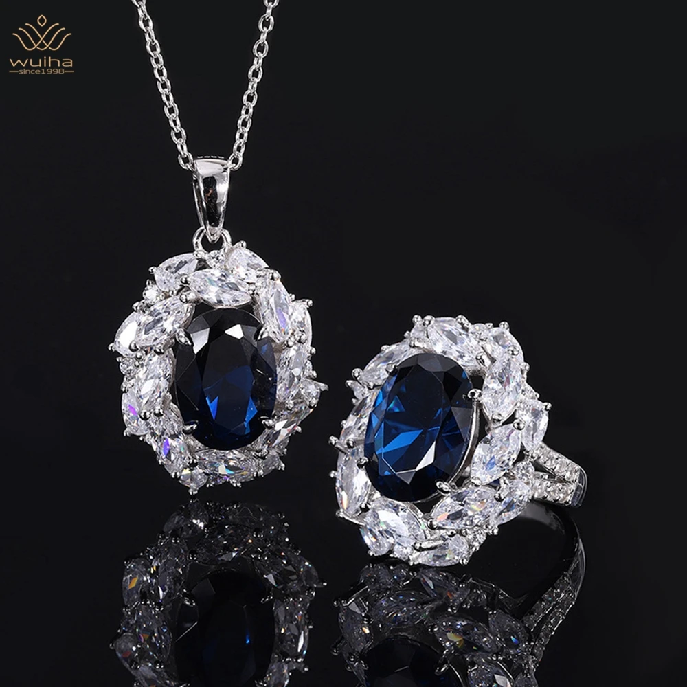 WUIHA Luxury 925 Sterling Silver 10*14MM Sapphire Courndum Ring/Pendant/Necklace For Women Engagement Gift Jewelry Set Wholesale