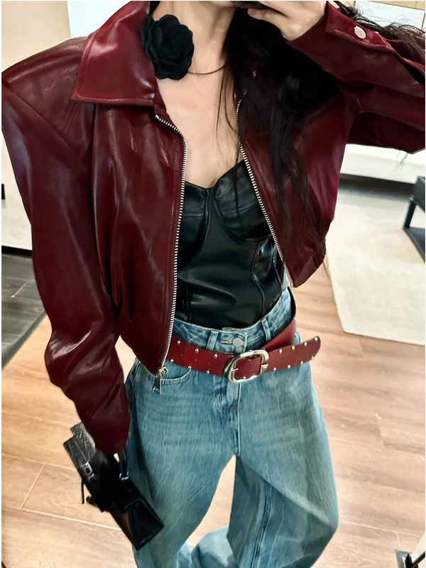 ヴィンテージワインレッドPUレザーJaet ort Sleターンダウンカラー女性用アウターウェア春ファイオン通勤ルーズフィットジッパー