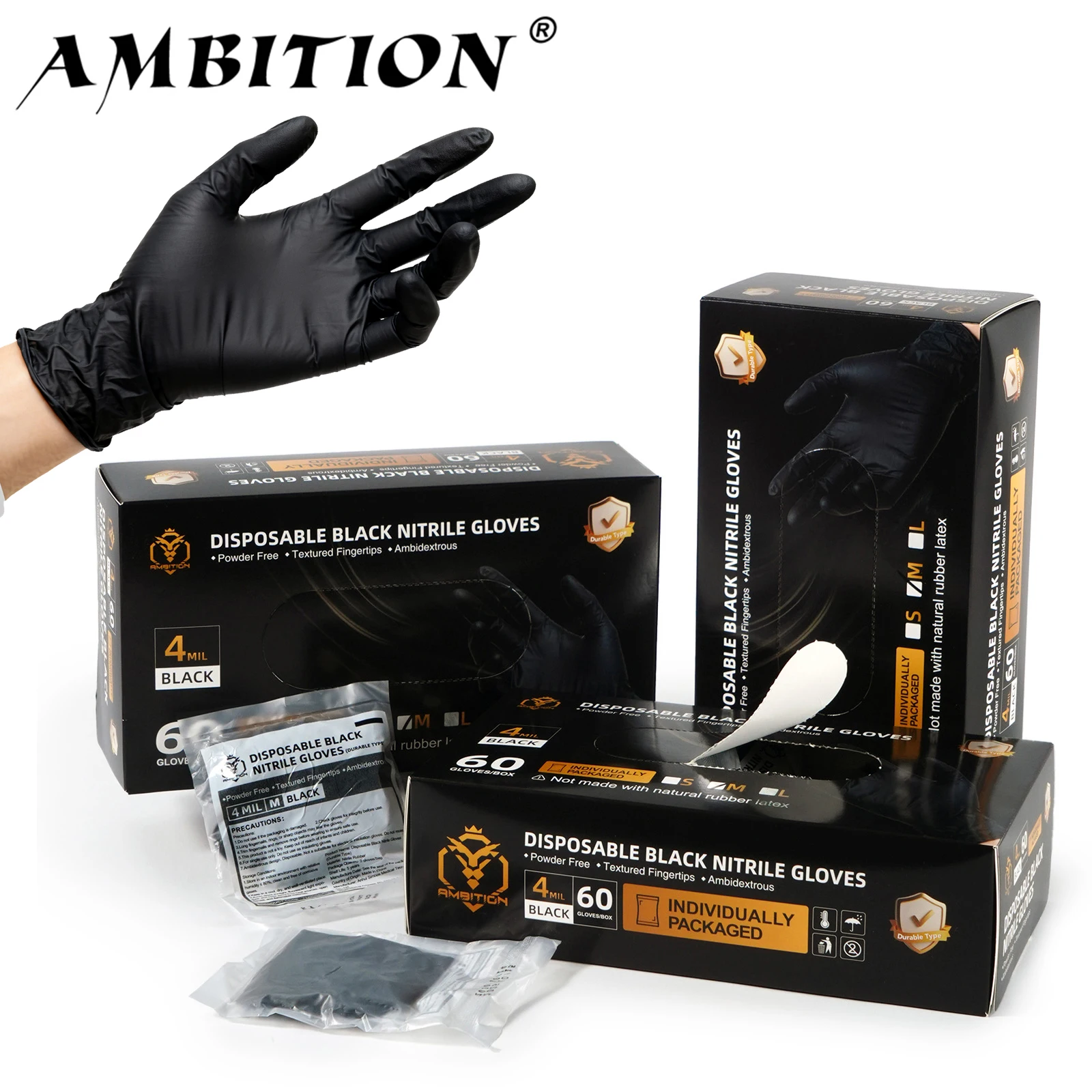 

Ambition Black Nitrile Gloves 60PCS 30 Pairs 4mil Thickened Clean Disposable Gloves Tattoo Work Latex-Free Mechanic Tattoo Glove