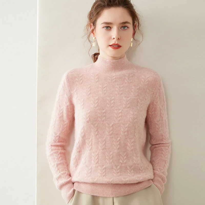 

24 Autumn and Winter New Semi-turtleneck 100% Pure Cashmere Sweater Women's Pullover Solid Color Loose Sweater Cashmere Top