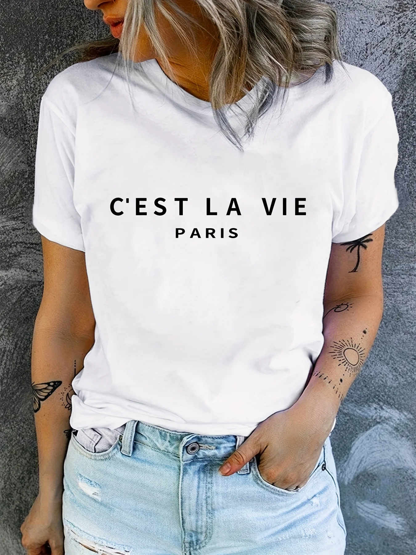 Paris Print Crew Neck T-shirt, Casual Short Sleeve T-shirt For Spring & Summer, Women's Clothing image 2