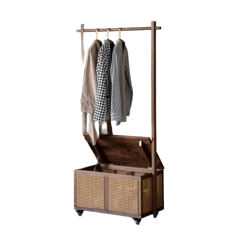 

Nordic solid wood coat rack floor-to-ceiling black walnut rattan with storage removable hanger