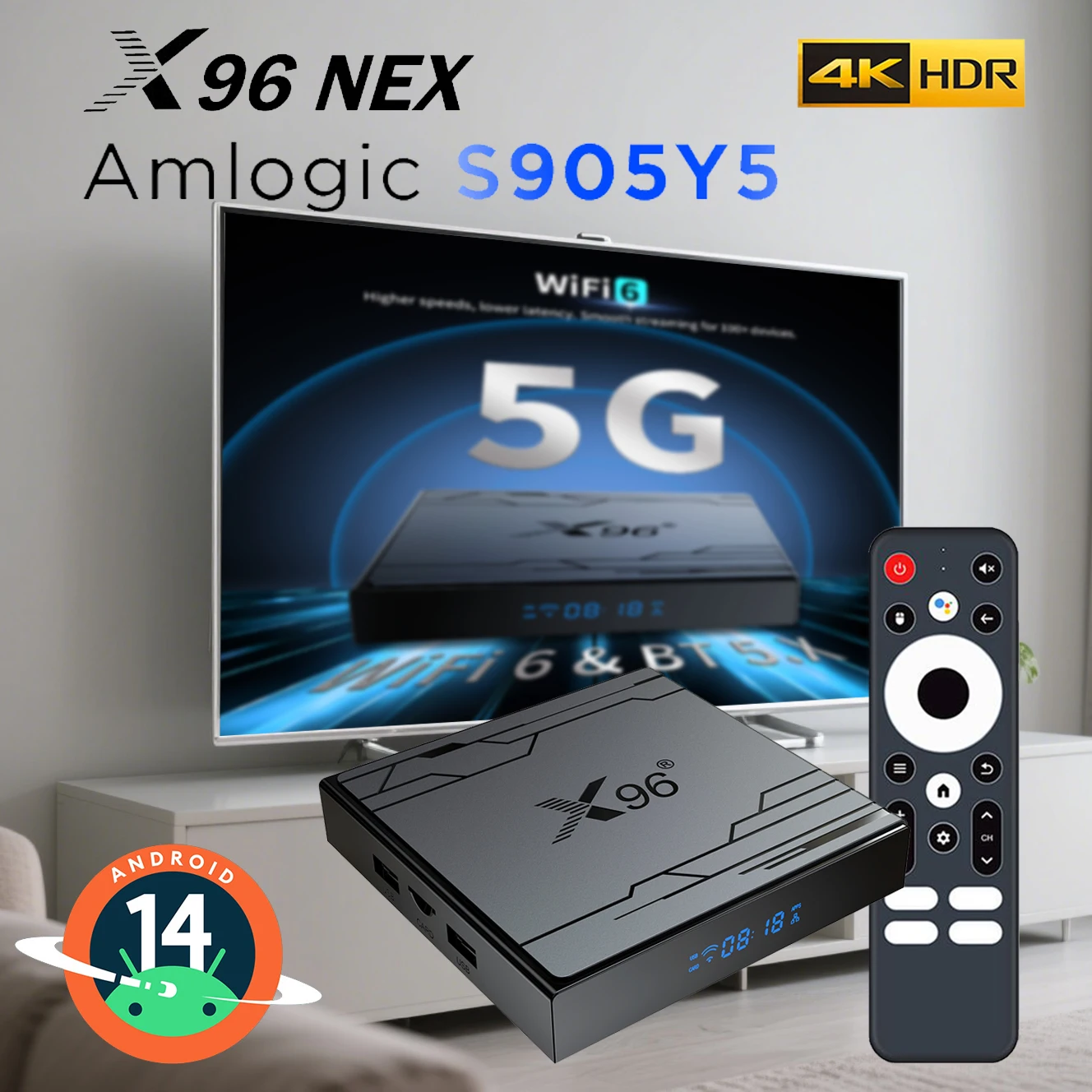 새로운 X96 NEX Amlogic S905Y5 TV 박스 안드로이드 14.0 셋톱 박스 4K@60fps 지원 2.4G&5G Wifi6 스마트 TV 박스 HDR10+ BT 미디어 플레이어