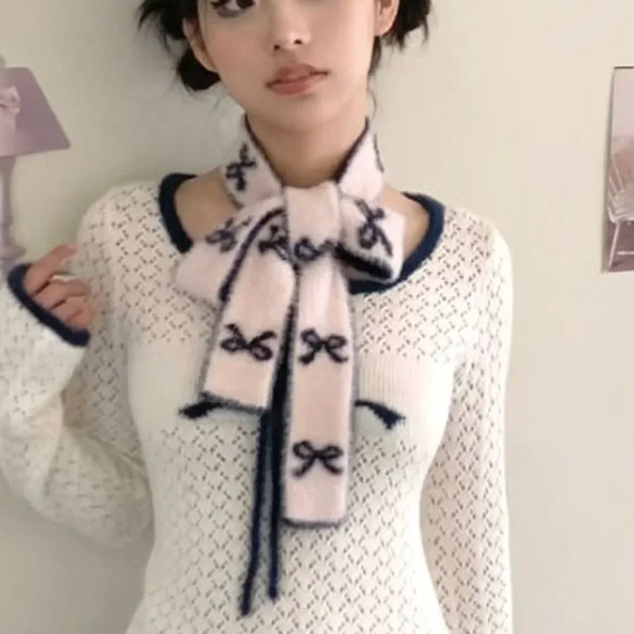 Y2k Bogen Knoten Schal Damen schlanken langen Schal pelzigen japanischen Kawaii Mode gestrickt zweiseitige Wärme Halstuch Harajuku