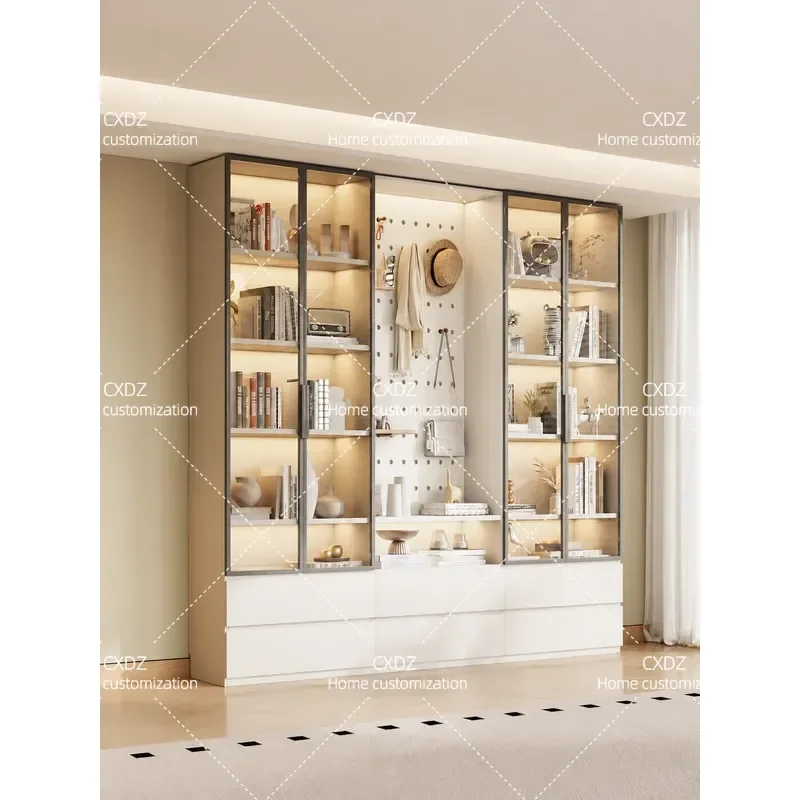 Solid Wood Display Cabinet with Glass Door Dustproof Bookshelf Storage Unit with Pegboard for Blind Box Dolls and Figure