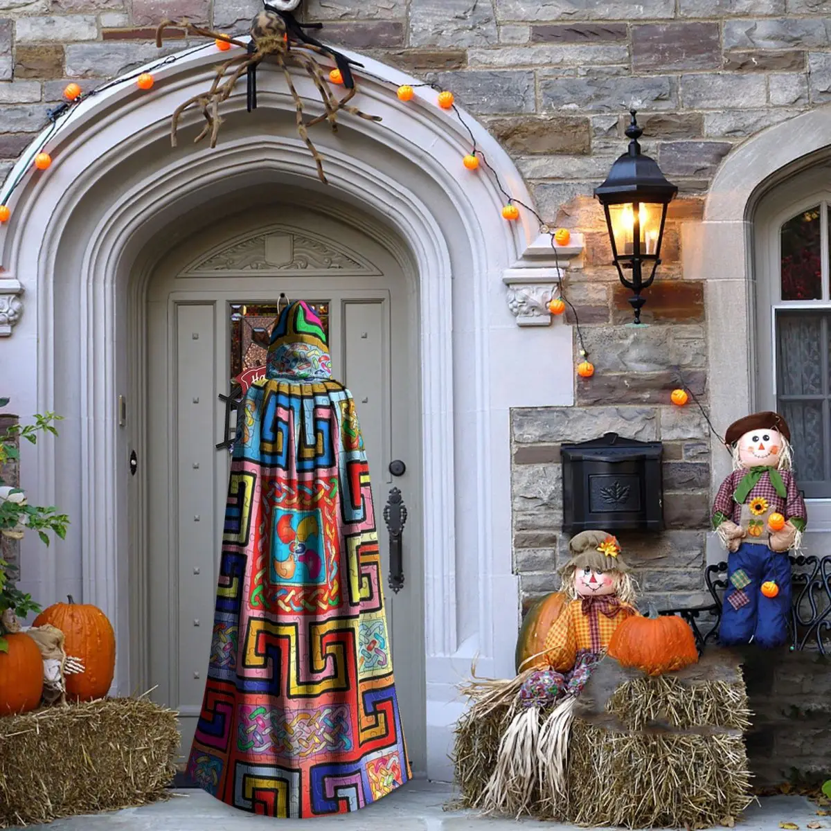 Nó celta multi-colorido padrão quadrado longo com capuz capa bruxa traje medieval cosplay capa halloweencoat adulto unisex