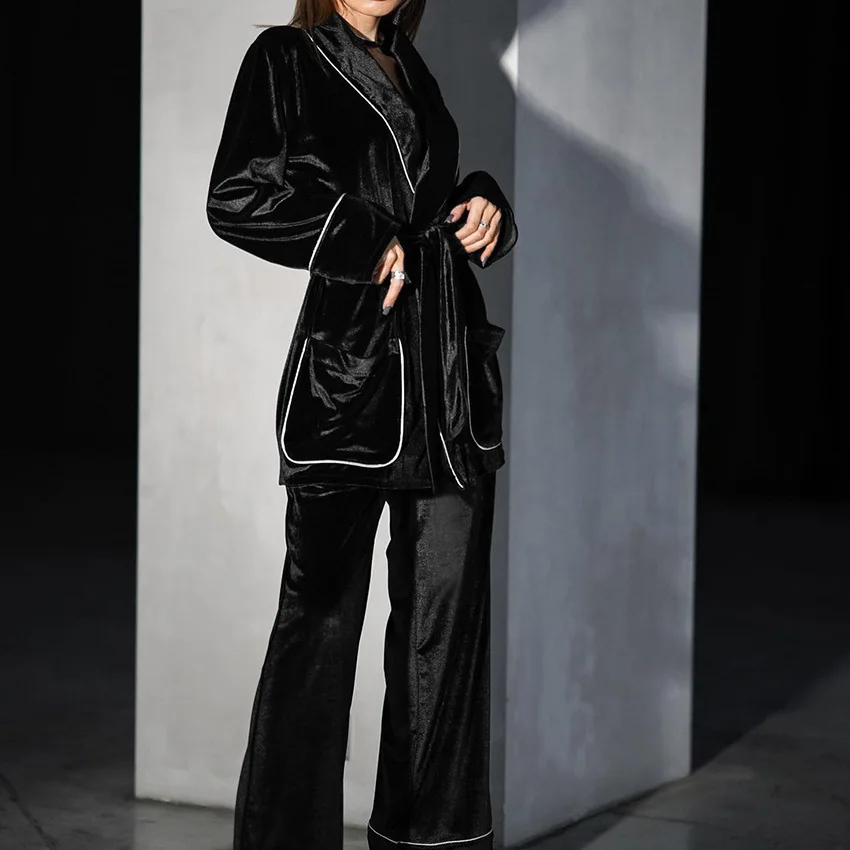 Fashion Black Velvet Female Pajamas Two-Piece Set Autumn Winter Long Sleeve Trouser Suits Lounge Wear Loose V-Neck Sleepwear image 3