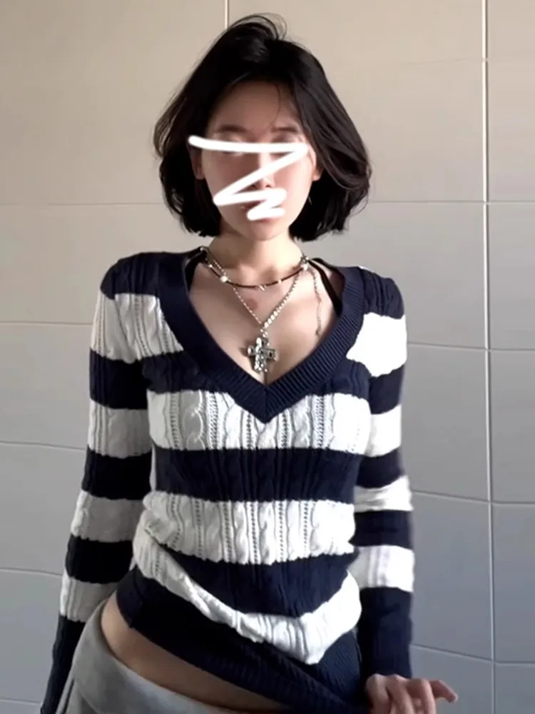 Women Striped Contrast Color Slim Casual Pullovers Sweet and Elegant Ladies Woman Pullovers Loose Simple Basic Top Female