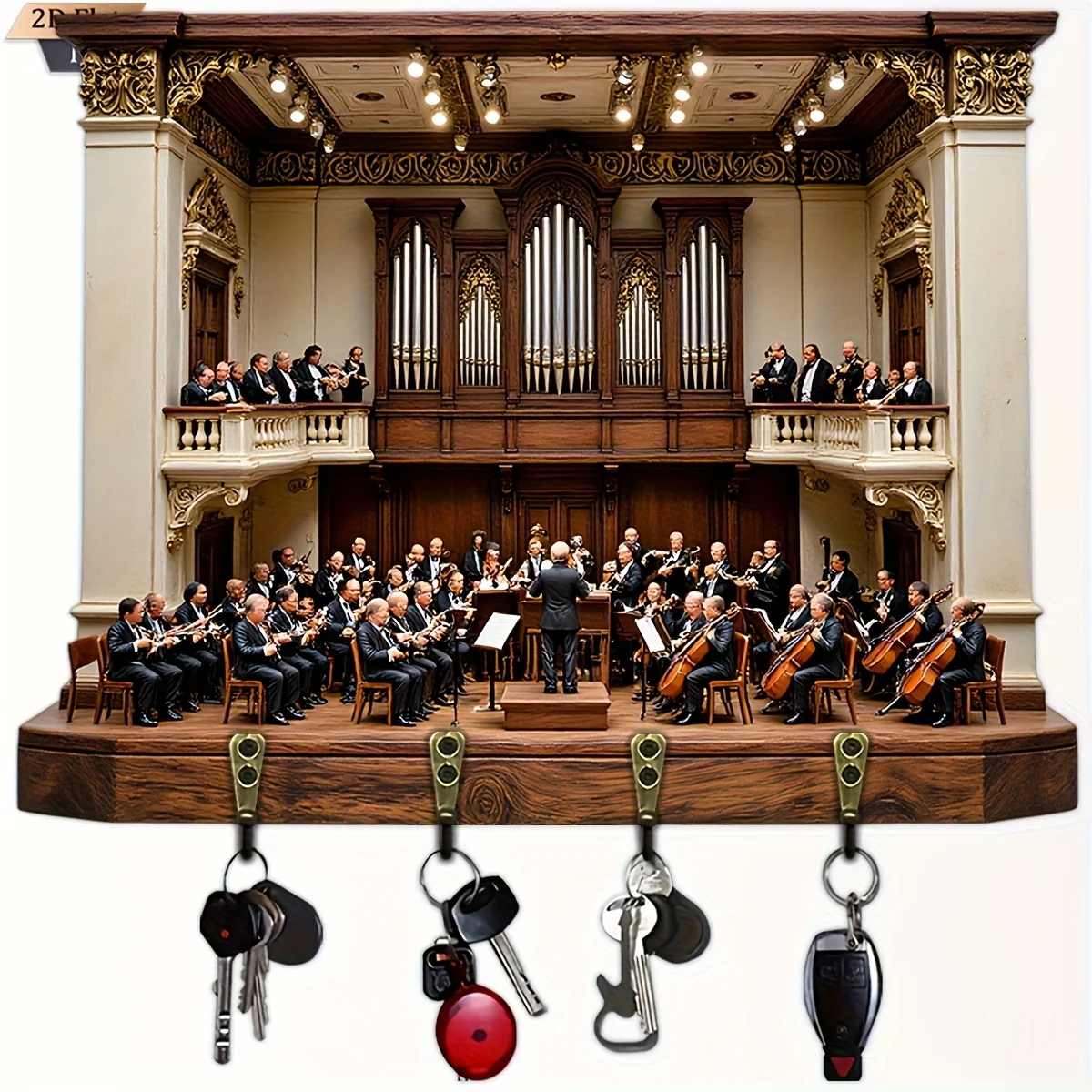 2D Flat, 1pc, Classical Symphony Theme Style Wall Key hook Wooden Multi-functional Home Key Rack with four metal hooks, wall