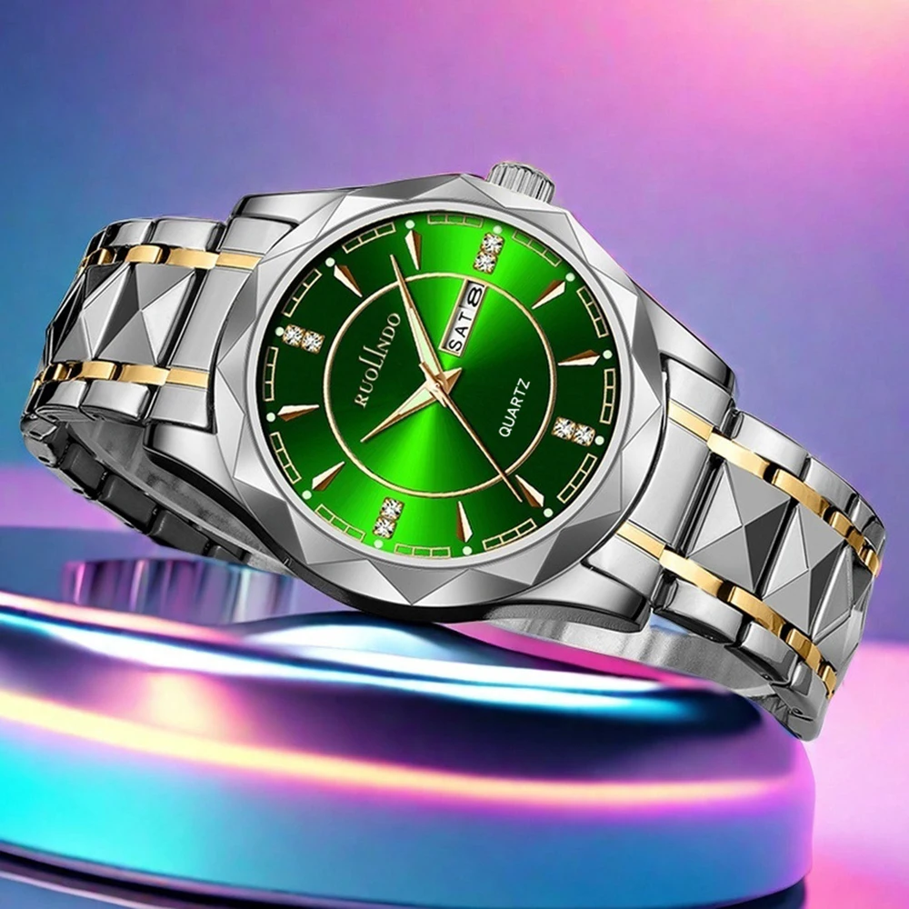 

New Hot-Selling Men's High-End Diamond-Encrusted Large Dial Alloy Steel Band Quartz Luminous Calendar Watch