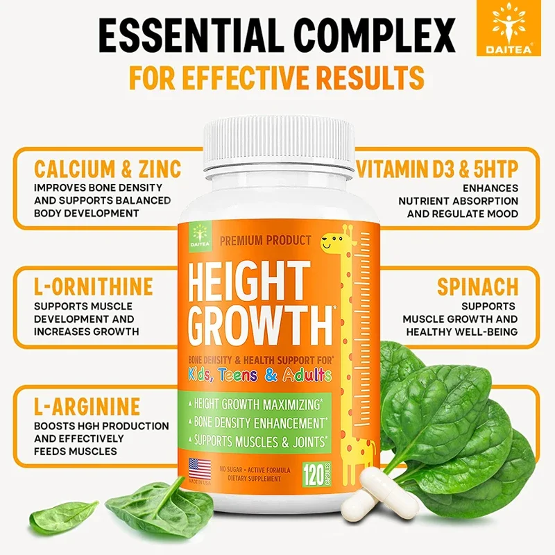 Height Growth Calcium Zinc Vitamin D Natural Vegetarian Capsules Increase Bone Strength Height Promoter for Adults Children