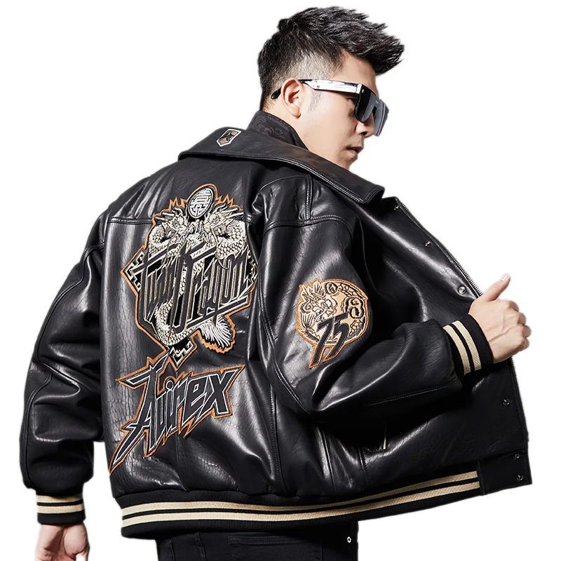 

Trends Genuine Leather Embroidered Baseball Jacket Men Motorcycle Lapel First Layer Sheepskin Spring and Autumn Motorcycle Coat