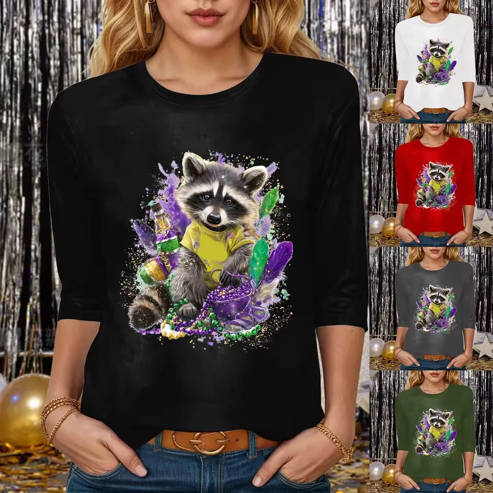 

Women Fashion Carnival Print Top Round Neck Basic Three Quarter Sleeve T Shirt Top Cute Tops For Women Summer