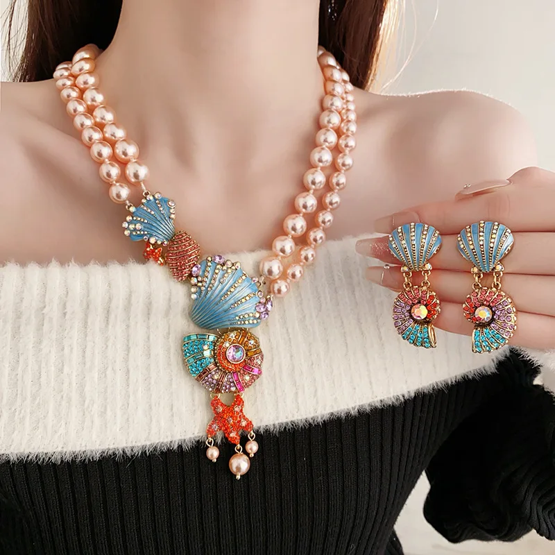 Fashion Retro Necklace Earrings Set 2024 New Diamond Shell Conch Pearl Accessories Women's Jewelry Gift