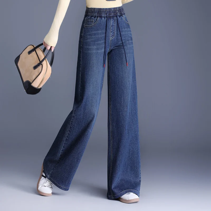 Jeans Herbst Neue Elastische Taille Plus Größe Slim Fit Breite Bein Hosen Dehnbare Drapierte frauen Hosen