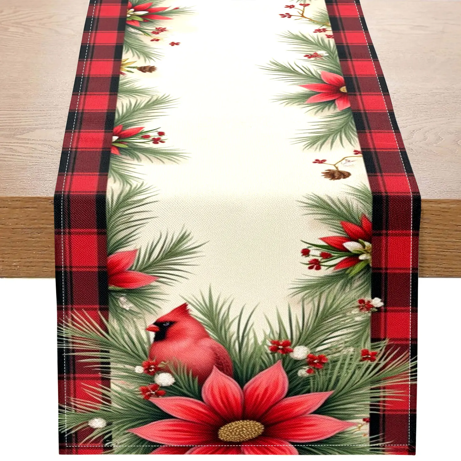 1 Piece of Christmas Red Plaid Table Runner, Decorated with Red Birds, Poinsettias, Pine Branches, and a Wooden Sign That Says 